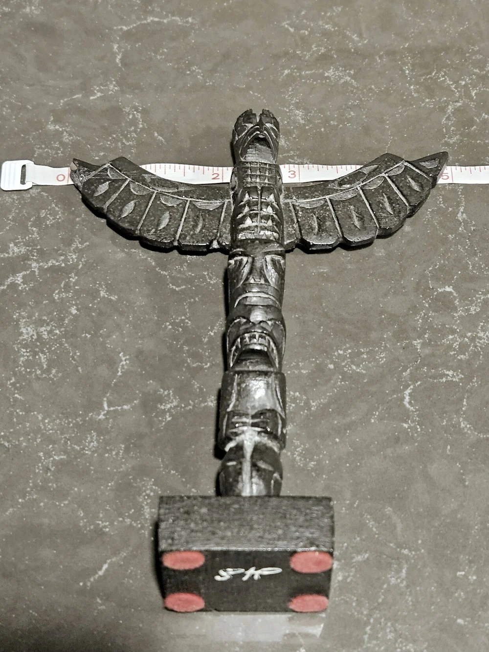 Hand-Carved Black Totem Pole Sculpture Signed by Artist - Picture 3 of 13